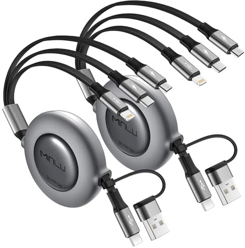 Minlu 5 in 1 Multi USB Kabel, Einziehbares Multi Ladekabel [2Stück 1.2m] | mit Datenübertragung, USB C Schnellladekabel mit Micro/Typ C/Lightning für iPhone 17 16 15 14 13 12 11,Android,Galaxy,Tablet