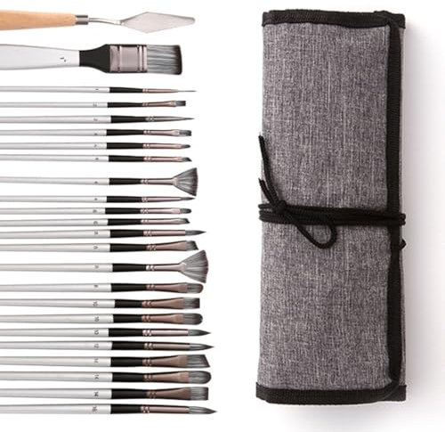24Pcs Paint Brushes Set, Acrylic Paint Brushe with Palette Knife and Cloth Roll | Oil Paint Set for Acrylic, Oil, Watercolour & Gouache | Art Supplies for Artists and Beginners