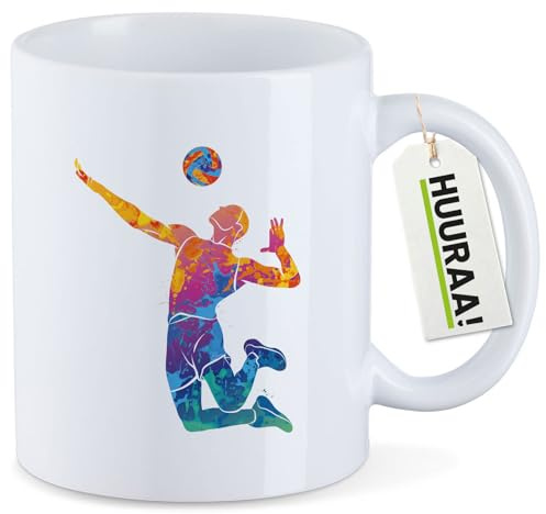Huuraa Kaffeetasse Volleyballer bunte Silhouette Geschenk | Motivtasse 330ml Weiß Keramik Tasse mit Spruch Kaffeebecher Geschenkidee Becher mit Motiv