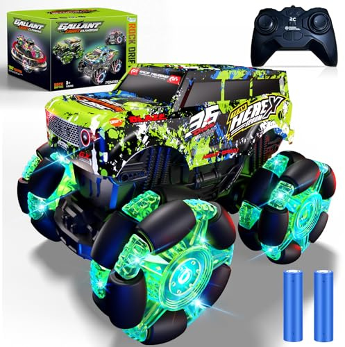 Monstertruck Ferngesteuert mit Licht Reifen, Musik und 360°Drehung (Grün) | 1/20 Ferngesteuerter Monstertruck mit 2 Akku 50MIN Spielzeit, 2.4GHz Ferngesteuertes Auto ab 3 4 5 6 7 8 9 10 Jahre Kinder