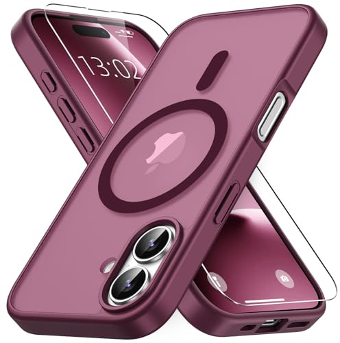 Vansdon Magnetisch für iPhone 16 Hülle-Weinrot | mit 1 Schutzglas, Kompatibel mit Magsafe, Fallschutz nach Militärstandard, Transluzente Matt Rückseite Stoßfeste Handyhülle