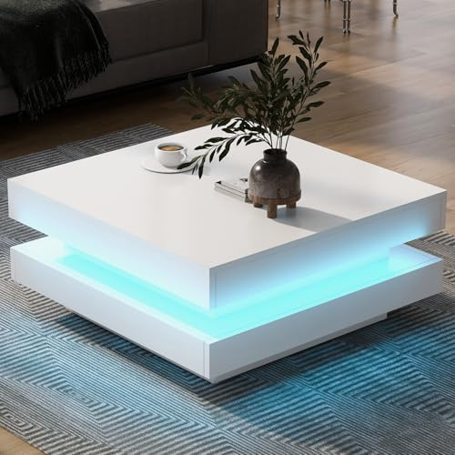 BTM Quadratischer Couchtisch in Weiß - moderner technologischer Stil, mit Bluetooth-LED-Leiste, 70x70x36 cm, max. Belastung 45 kg