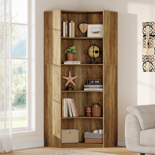 Tribesigns 6-Etagen Eckregal, 180 cm Hohes Bücherregal mit Abgerundeten Ecken, Landhausstil Sideboard für Wohnzimmer, Schlafzimmer, Küche oder Homeoffice (Rustikales Braun)
