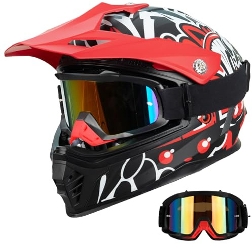 Favoto Casco Motocross Bambino con Occhiali e Visiera – Omologato ECE 22.06, Casco Cross per Dirt Bike, Offroad e Quad, Rosso-Nero M (51–52 cm)