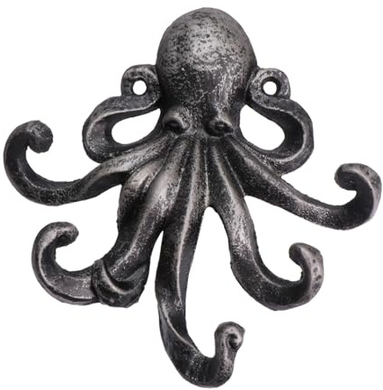 Cabilock Oktopushaken aus Eisen, Wandhaken in Tierform, Silber | Dekorativ, Klassischer Vintage und Retro Stil, für Bad und Küche, Leicht zu Montieren