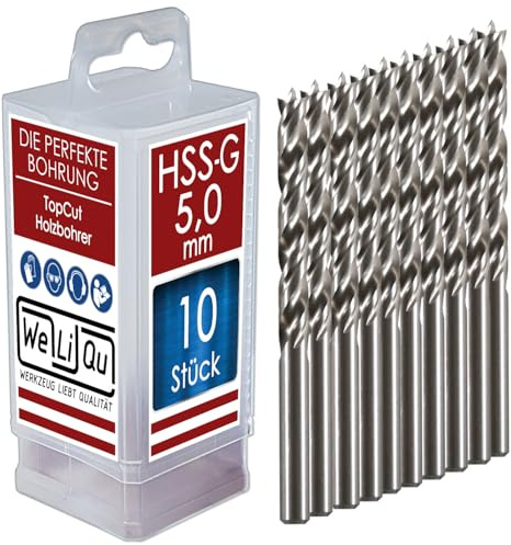 WELIQU 10 Stück HSS-G Holzbohrer Ø 5,0 mm für Hart- und Weich-Holz - ACHTUNG: Sehr scharfe Bohrer aus widerstandsfähigem HSS-G Stahl