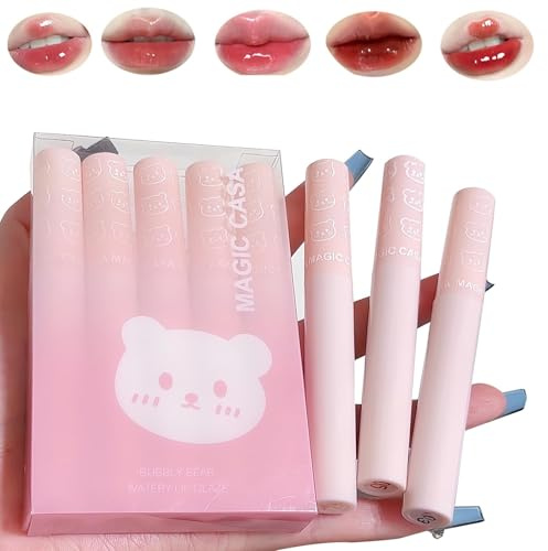 Lipgloss Set 5 Pcs Lip Tint Korean, Mirror Water Lipgloss Glas Lippenstift,Nude Waterproof Lipstic,Wasserdicht,Geeignet für Damen und Mädchen