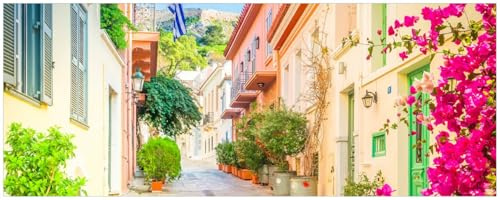 Wallario Poster - Mediterrane Straße im Blütenrausch in Premiumqualität, Größe: 50 x 125 cm