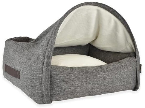 KONA CAVE® Luxus-Höhlenbett für Hunde - Überdachte Kuschelhöhle für große und XL-Hunde - Hundehöhle - XL-Schlafsack - Abnehmbarer Höhlenbezug (Graues Fischgrätenmuster)