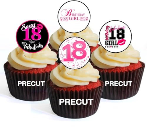 PRECUT 18th Birthday Girl Edible Cupcake Toppers - Sassy Girl Theme - wafer card disc cake decorations (Pack of 24)