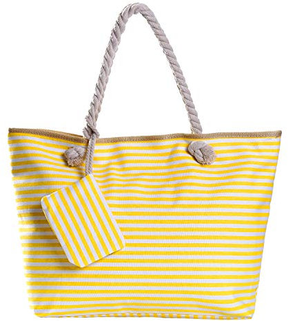 DonDon Strandtasche mit Reißverschluss, Große Strandtasche XXL, Shopper Tasche Damen - Praktische Beach bag Umhängetasche Damen Badetasche für Strand und Meer - gestreift gelb weiß