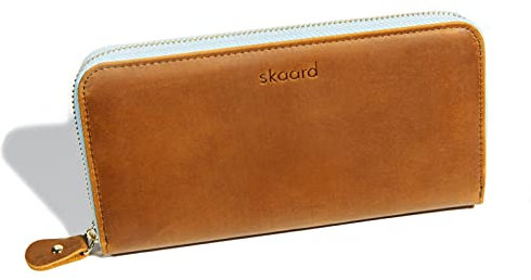 skaard Große Damen Geldbörse aus echtem Leder, Braun/Hellblau mit RFID-Schutz