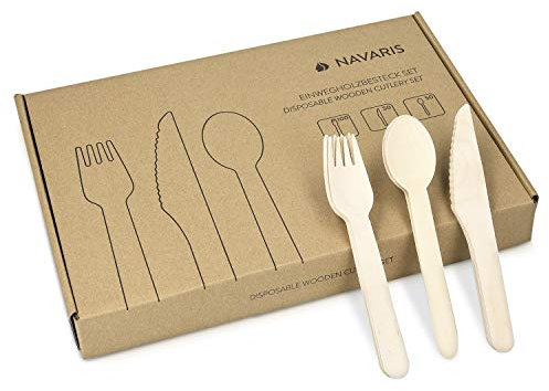 Navaris Einwegbesteck-Set aus Birkenholz - 100x Gabel 50x Messer 50x Löffel - ökologisch abbaubar - Einweg Besteckset für z. B. Camping Gartenparty