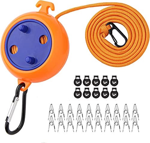 Alihoo Wäscheleine Ausziehbar,10M Einziehbare Wäscheleine tragbare Reisetrockner Outdoor Camping mit 10 festen Schnallen und 20 Wäscheklammern (Orange)