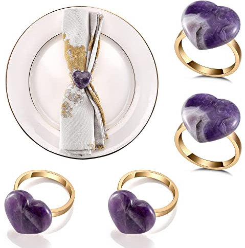 Mangsen Amethyst-Serviettenringe Set mit 4 Natursteinen, Herzform, Serviettenringe für Liebhaber, Hochzeit, Valentinstag, Abendessen, Tischdekoration