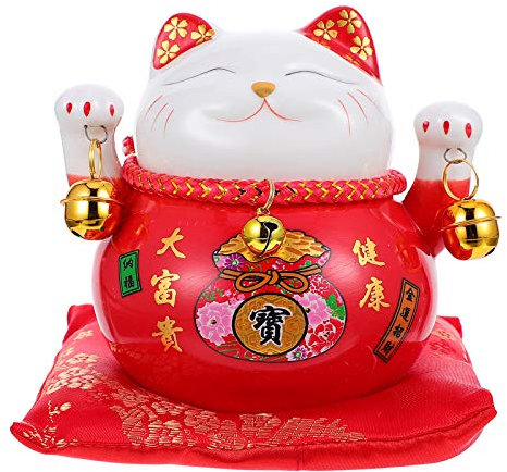BESPORTBLE Glückskatze Figur Spardose Keramik Sparschwein Rot Katze Nimmt Glöckchen Reichtum Glücksbringer Glück Ornamente Glücksstatue Spielfigur Büro Zuhause Cafe Dekoration Geschenk