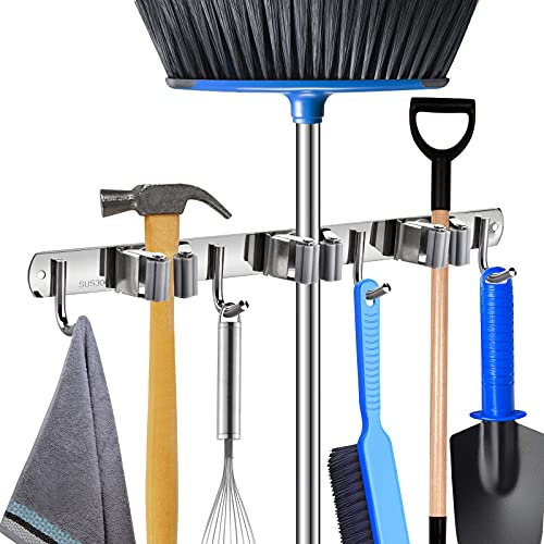 ONMIER Broom Holder Wall Mount Stainless Steel Mop and Broom Holder Wall Mounted Broom Tools Storage Organizer with 3 Racks 4 Hooks for Home Kitchen Garden Laundry Room(1 PACK)