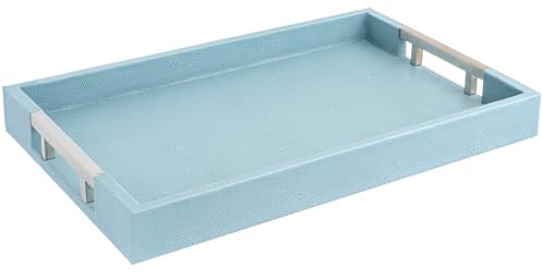 Home Redefined Modern Elegant 18x12 Rectangle Light Baby Blue Glossy Shagreen Decorative Ottoman Coffee Table Perfume Living Room Kitchen Serving Tray with Silver Metal Handles for All Occasion's