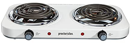 Proctor Silex Brûleur électrique pour plan de travail, mini poêle compact et portable, double plaque chauffante, température réglable, 1700 W, blanc et inoxydable (34116)