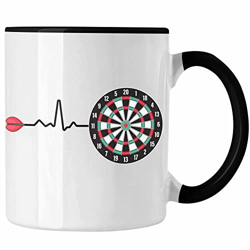 Trendation - Dart Herzschlag Geschenk Tasse Kaffeetasse Dartspieler Geschenkidee Darts Geschenke für Männer Frauen (Schwarz)