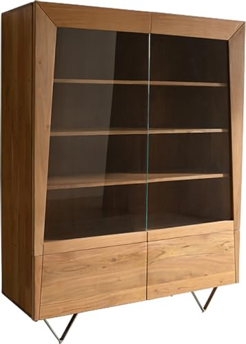 DELIFE Glasschrank Kayu Akazie Natur 115x150 cm 2 Glastüren V-Fuß Highboard