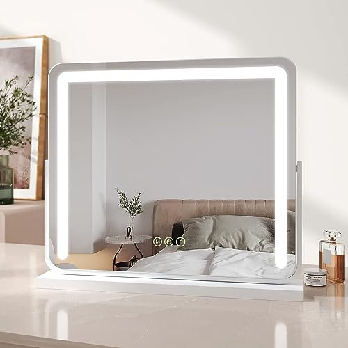 EMKE Hollywood Vanity Mirror with Lights, Large Tabletop Makeup Mirror with Dimmable, Smart Touch Screen, Hollywood Mirror with 360° Rotation and Memory Function, 600 x 500mm, White