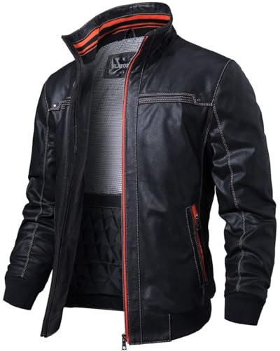 FLAVOR Giacca in pelle genuina da uomo colletto alto Giacche, Nero , XL