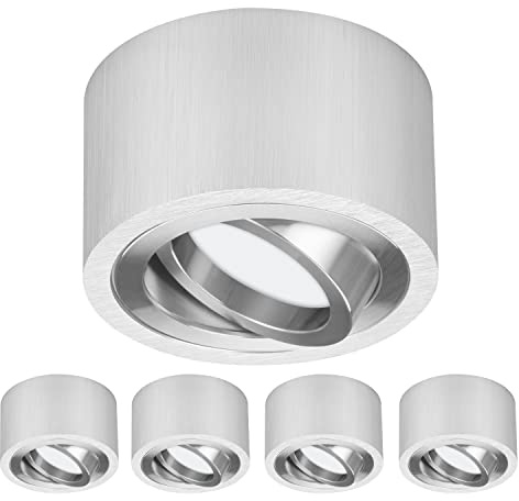TEVEA Premium Aufbauspot Deckenleuchte Flach | Led Modul 230V 5W austauschbar | Deckenspot auch fürs Bad | 5er Pack (Silber - Warmweiß)