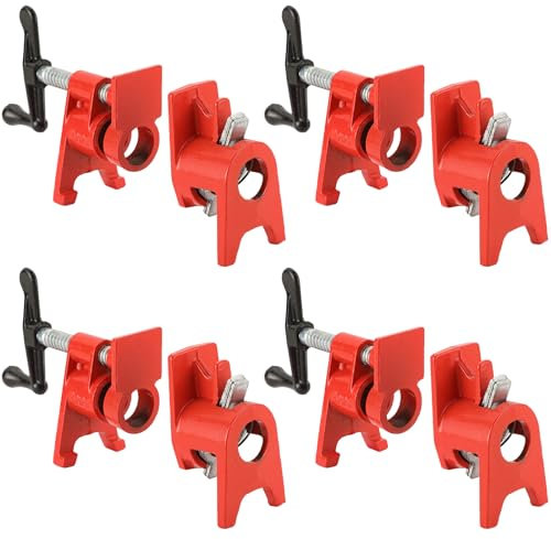 FLKQC 3/4 Wood Gluing Pipe Clamp Set with Unique Foot Design Red Heavy Duty Bar Clamps Cast Iron Quick Release Pipe Clamp Tools for Woodworking (4 Pack)
