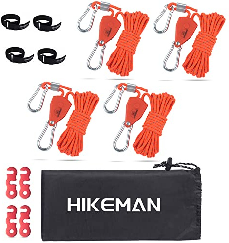 Hikeman Camping Rope with Ratchet Pulley,Quick Setup Outdoor Guy Lines Adjustable Tent Tie Downs Rope Hanger for Canopy,Kayak and Canoe,Grow Light (4PCS,Orange)