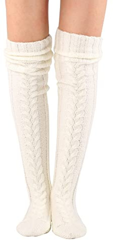 Thajaling Calze alte a maglia a cavo da donna, calze sopra il ginocchio, calze scaldamuscoli invernali extra lunghe (105cm, Bianco)