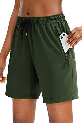 NEYOUQE Shorts Damen Sommer Elastischer Bund Running-Shorts für Damen mit Taschen Sport Jogginghose Damen Einfarbig Casual 3/4 Hose Damen Sage Green L 44-46