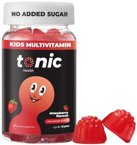 Tonic Health Kids Vitamins Gummies - 14 in 1 Kids Multivitamin with Vitamins A, C, D, E and Zinc, Strawberry Flavour, Month Supply (60 Count), Ages 3-12, No Added Sugar, No Sweeteners, Vegan