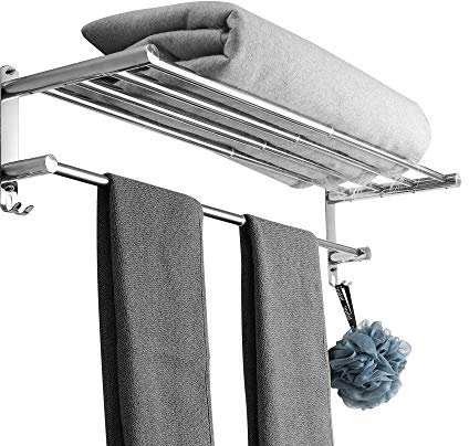 Towel Rails Wall Mounted Adjustable Towel Bars Stainless Steel Self Adhesive Towel Rack With Hooks 43-78CM Towel Shelves for Kitchen Bathroom (Double towel rack)
