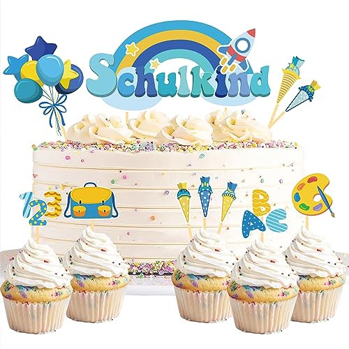 20 Stück Schulanfang Tortendeko, Tortendeko Einschulung Junge, Schultüte Einschulung Deko Cupcake Topper für Schulkind, Junge und Mädchen Schulanfang Party Dekoration (Blau Regenbogen)