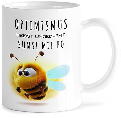 MeLifestyle Kaffeetasse Tasse Becher Motiv Optimismus heißt umgdreht rückwärts Sumsi mit Po | Keramik 330ml | Geschenk, Freund, Freundin, Kollege, Kollegin, Bürotasse