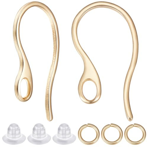 Beebeecraft 1 Caja de 50 alambres para Orejas de Latón Chapado En Oro de 18 Quilates con 50 Anillos Abiertos Y 50 Tuercas para Pendientes Y Fabricación de Joyas.