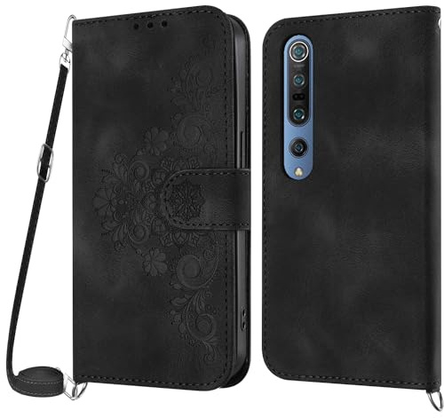 NETANY Handykette Hülle für Xiaomi Mi 10 5G / 10 Pro 5G, Handyhülle Hülle mit Kette Klappbar, PU Leder Magnet Necklace Klapphülle und Umhängeband Lanyard Flip Stoßfest Schutzhülle mit Band (Schwarz)