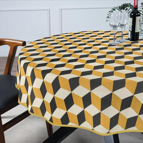 Tischdecke Stoff abwaschbar Tischtuch Tafeldecke pflegeleicht Lotuseffekt schmutz- & wasserabweisend für Indoor Outdoor Tischdecke Rund 140cm mit Saum (Eingefasst) 3D Effekt