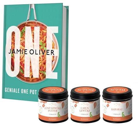 Rimoco Gewürze Geschenkset aus 3 Bio Gewürzen + Jamie Oliver Kochbuch ONE - Gewürz Set bestehend aus Bio 5 Gewürz Pulver 50g, Bio Cajun Gewürz 65g und Bio Baharat 60g