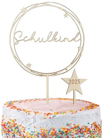 BETESSIN Tortendeko Einschulung Holz - Schulkind 2025 Cake Topper im Sternen Stil - Kuchendekoration zum Schulanfang - Einschulung Deko für Mädchen und Jungen