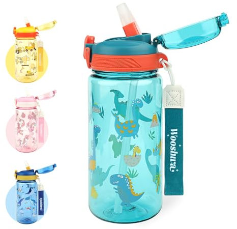wooshwa Gourde Enfant avec Paille, Pour Garçons, Anti-Fuite, Étanche, 600 ml Bouteille Enfant sans BPA, Verrouillage Sécurisé, Bouteilles d'eau pour Maternelle l'école Sport, Dinosaure