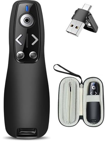 HELLCOOL USB C Presenter mit Tasche, 2.4 GHz Wireless Powerpoint Fernbedienung via USB A & Typ C Empfänger, Rot Pointer für Präsentationen,Präsentationsfernbedienung für Windows/Mac/PowerPoint/Keynote