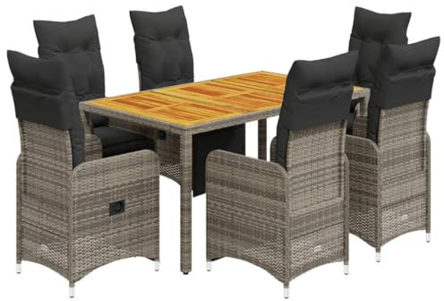 vidaXL Garten Bistroset 7-TLG., Balkonset mit Kissen, Gartenmöbel Tisch 6 Verstellbare Stühle, Balkonmöbel Sitzgruppe Gartengarnitur, Grau Poly Rattan