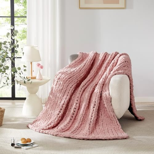 L'AGRATY Grobstrick-Decke: 183 x 213 cm, Chenille, grob gestrickt, Überwurfdecke für Bett, Couch, handgefertigt, dick, große Zopfstrickdecke, große grobe Häkeldecke für Heimdekoration (Rosenrosa)