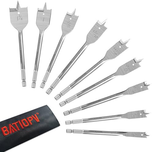 BATIOPV 9-Piece Spade Drill Bit Set, Alloy Steel Flat Bits for Woodworking (3/8 to 1-1/4), Quick Change Shank, Nylon Storage Pouch Included