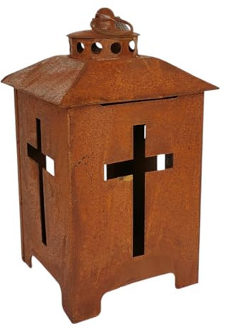 Grablaterne 27cm Rost Laterne Friedhof mit Kreuz Edelrost Grableuchte Grablicht Grablampe