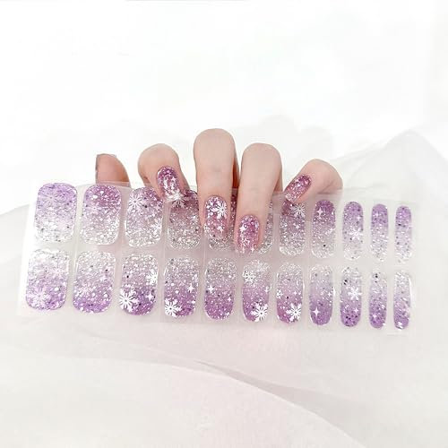 22Stk Gel Nagellack Aufkleber, UV Nagelfolie in Lila Mit Schneeflocken-Design, Weihnachts-Nagelaufkleber LED-Lampe Erforderlich, Full Wraps Cured Nail Strips Mit Nagelfeile (Lila, 22x)