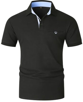 KUNJLELP Herren Poloshirt Kurzarm aus Baumwolle Slim Fit Polohemd Basic Golf Polo mit Tasche,Schwarz 45,XL