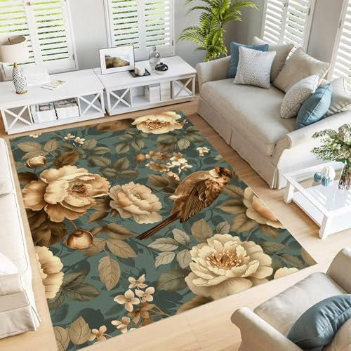 JEDTAKCT Teppich Wohnzimmer Kurzflor Vintage Handgearbeiteter Konturenschnitt Vintage Pfingstrose Optik, Waschbarer Teppich Moderner Brauner Vogel Teppich Grösse:240X300Cm